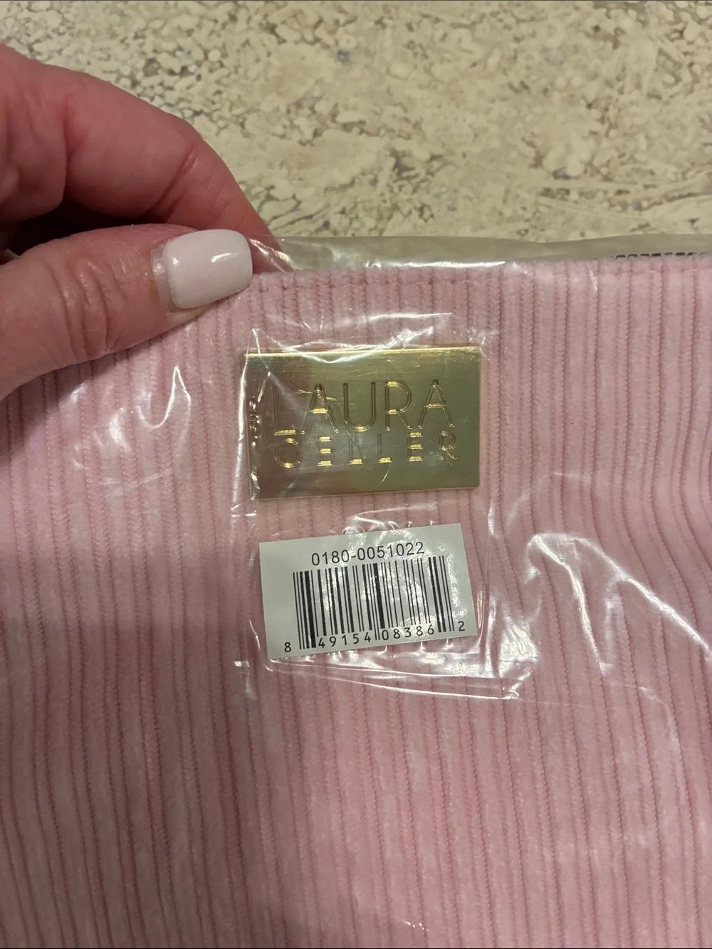Laura Geller Pink Ribbed Cosmetic Pouch with Gold Plate